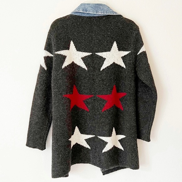 WOOL STAR PRINT CARDIGAN DENIM TRIM OPEN FRONT COLLARED SWEATER COAT GRAY Siz… - Picture 13 of 13